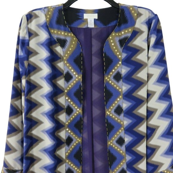 Chico's 0 Long Open Front Kimono Duster Coat Purple Gold Beaded Sequence Lined - Picture 2 of 12